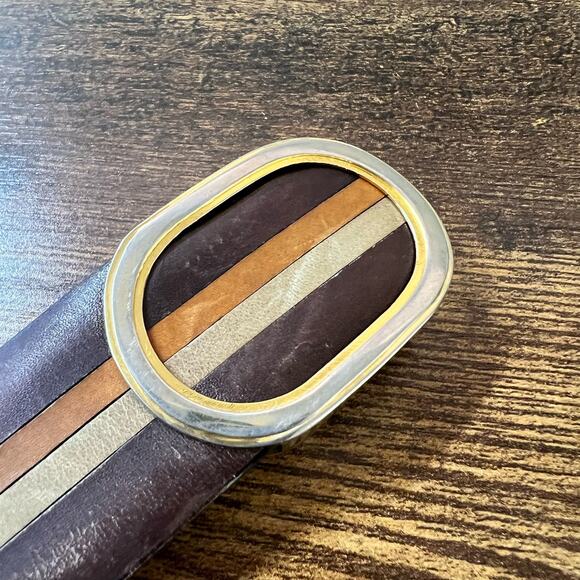 A. Testoni Soft Leather Belt Men Stripe Classic Gold Buckle Designer Italy Brown - Picture 4 of 11